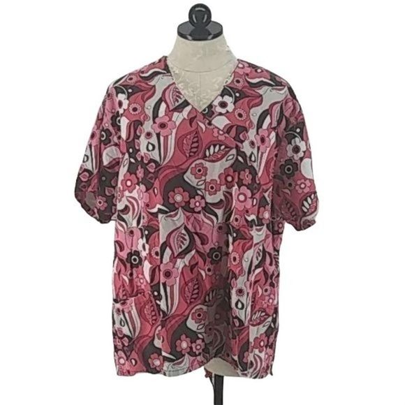 Beverly Hills‎ Uniform Pink Floral Print Medical Scrub Top 2XL - Picture 1 of 7